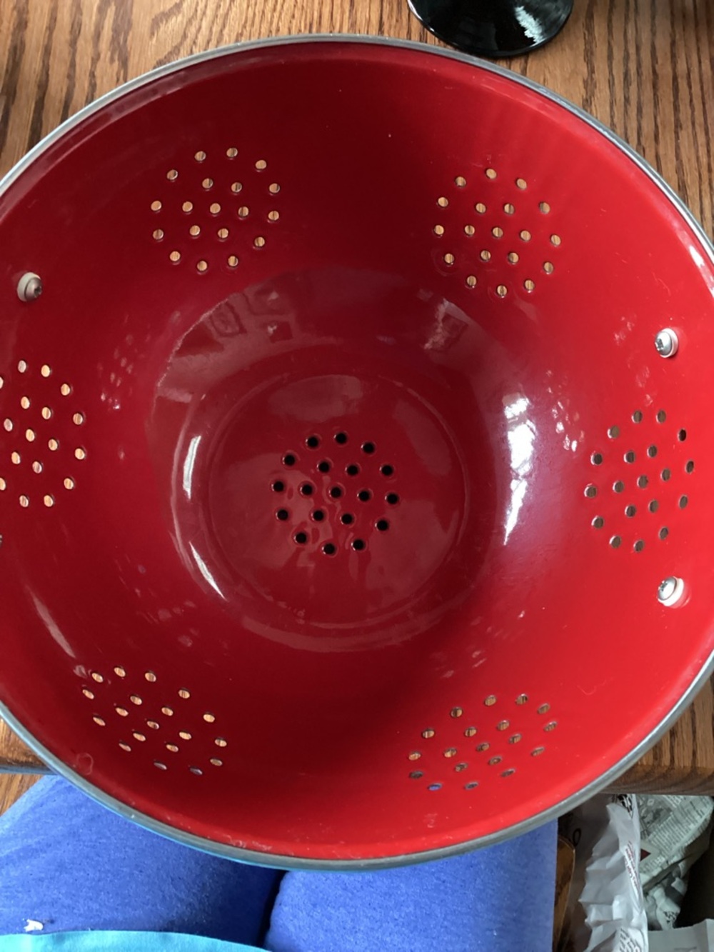 Source Unknown Red Enamel Colander with Silver Rim
